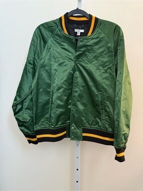 Nordstrom BP Green Satin Bomber Jacket with Black & Yellow Trim